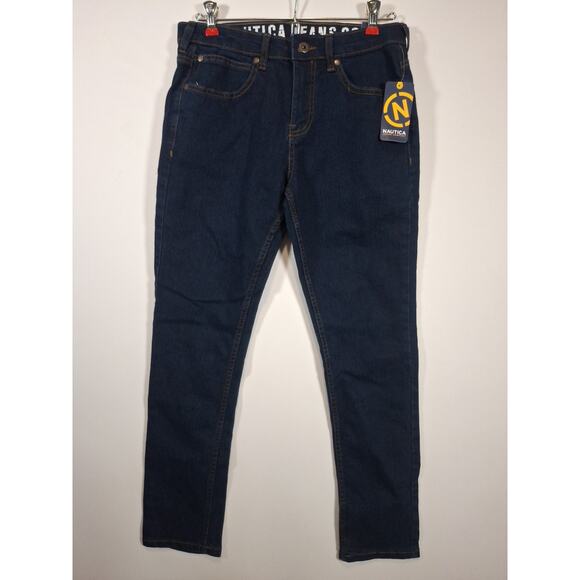 NWT! NAUTICA Boys Skinny Stretch Dark Wash Blue Denim Jeans Length 28" Size 14 - Picture 1 of 4